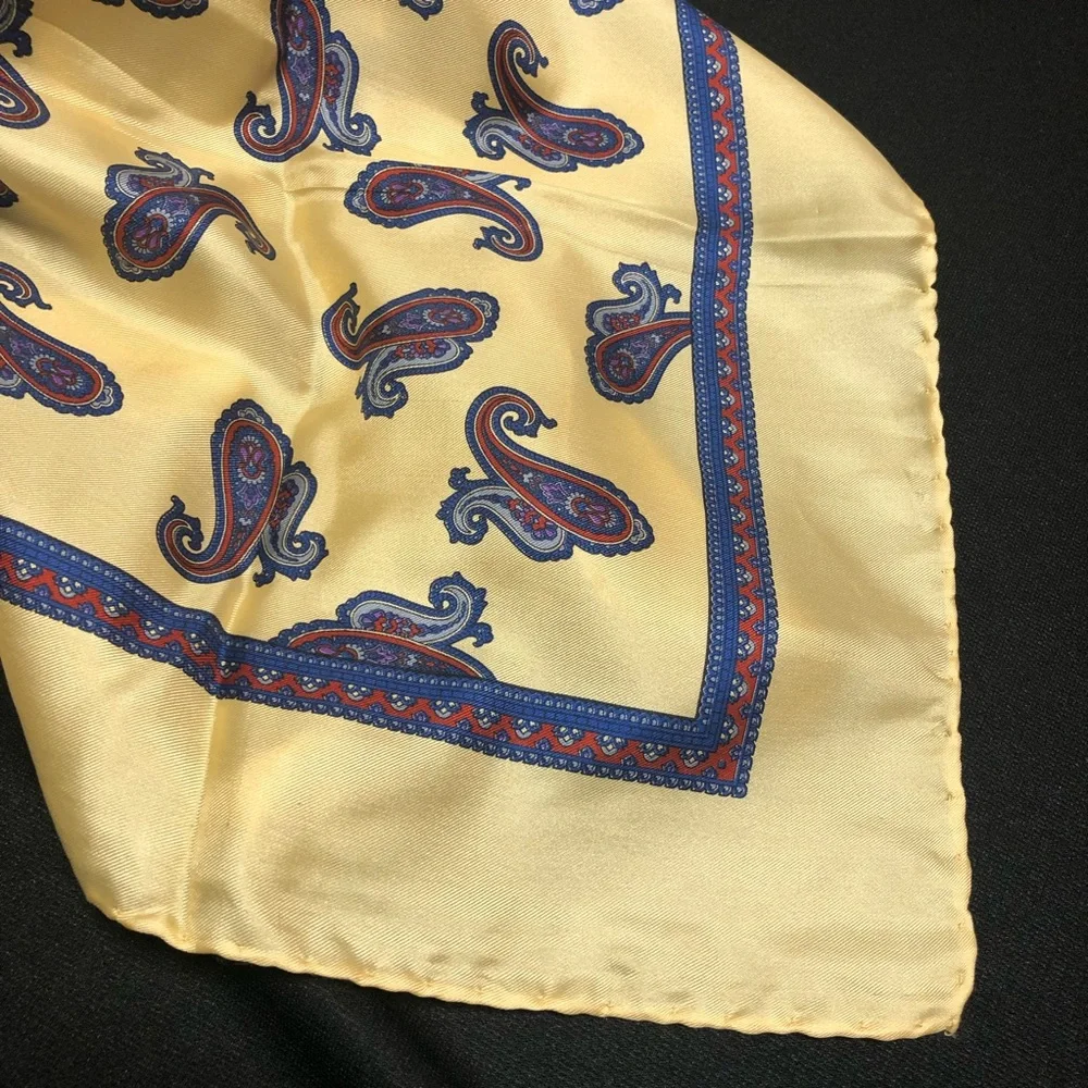 Vintage Silk Paisley Scarf - Yellow Gold Blue Red - Made in Italy - 31”